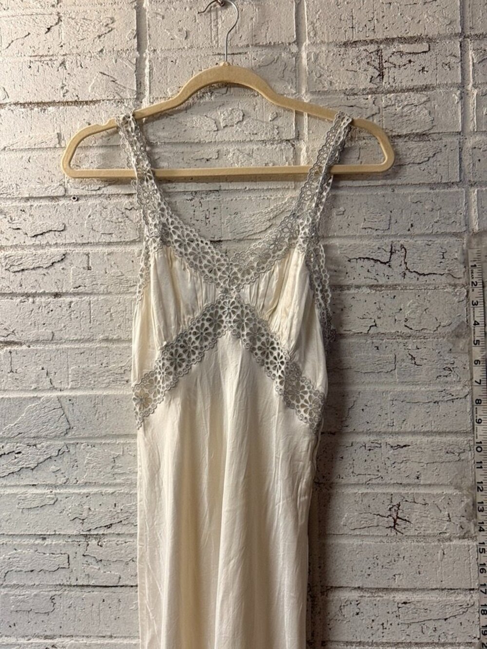 Vintage Ivory Satin Maxi Slip Dress Lingerie Eyelet Lace Cutout Back Cottagecore